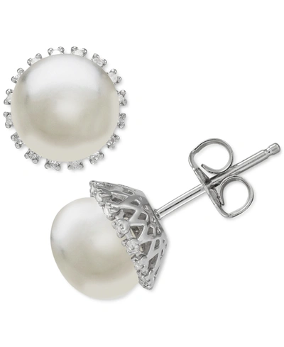 Macy's Cultured Freshwater Pearl (8mm) & Diamond (1/10 Ct. T.w.) Stud Earrings In Sterling Silver In Sterling Silver