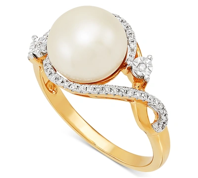 Macy's Cultured Freshwater Pearl (9mm) & Diamond (1/10 Ct. T.w.) In 10k Gold In Yellow Gold