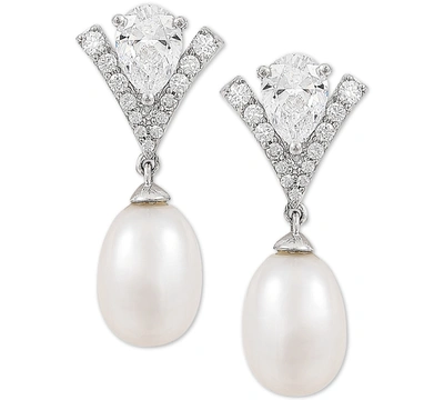 Shop Arabella Cultured Freshwater Pearl (8mm) & Cubic Zirconia Drop Earrings In Sterling Silver, Created For Macy'