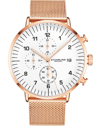 Stuhrling Men's Rose Gold-tone Mesh Bracelet Chrono Watch 42mm In White