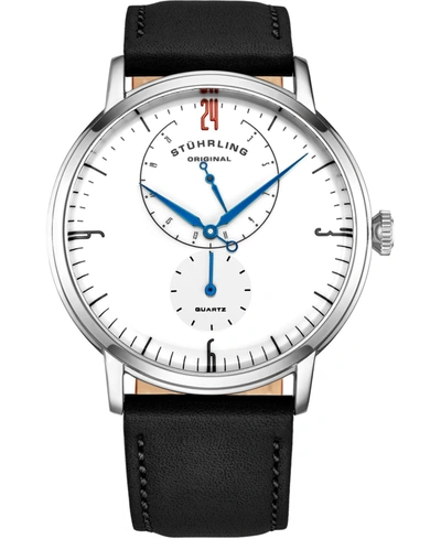 Stuhrling Men's Black Genuine Leather Strap Watch 42mm In White