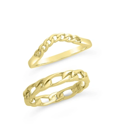Shop Sterling Forever Women's Figaro And Curb Chain Link Ring Set, Pack Of 2 In K Gold Plated