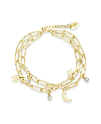 Shop Sterling Forever Women's Cubic Zirconia Moon And Star Double Chain Bracelet In K Gold Plated