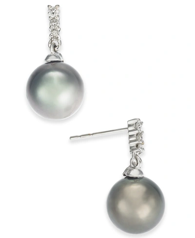 Macy's Cultured Tahitian Pearl (8mm) & Diamond (1/10 Ct. T.w.) Drop Earrings In 14k White Gold
