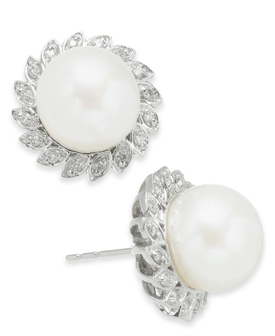 Macy's Cultured Freshwater Pearl (10mm) & Diamond (1/4 Ct. T.w.) Halo Stud Earrings In 10k White Gold In White Gold