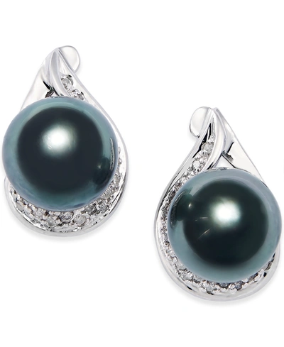 Macy's Cultured Tahitian Black Pearl (9mm) And Diamond (1/6 Ct. T.w.) Earrings In 14k White Gold