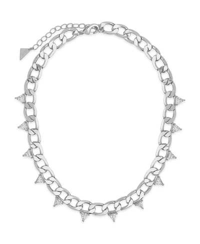 Shop Sterling Forever Women's Cuban Chain With Triangle Station Cubic Zirconia Choker Necklace In Silver