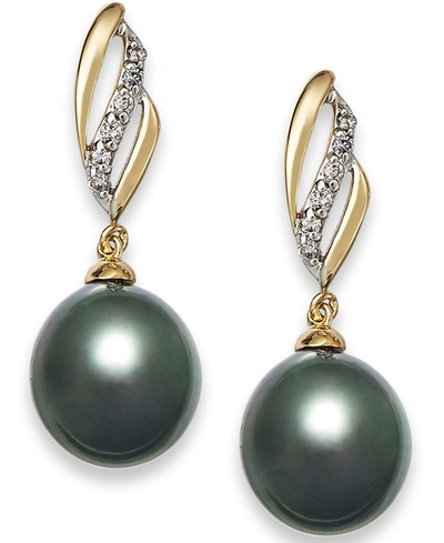 Macy's Tahitian Pearl (9 Mm) With Diamond (1/10 Ct. T.w.) Drop Earrings In 14k Gold