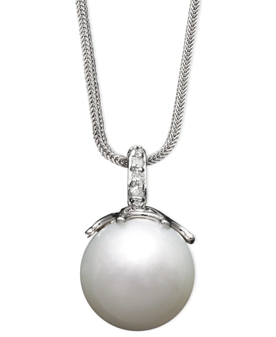 Shop Macy's 14k White Gold Necklace, Cultured South Sea Pearl (14mm) And Diamond Accent Pendant