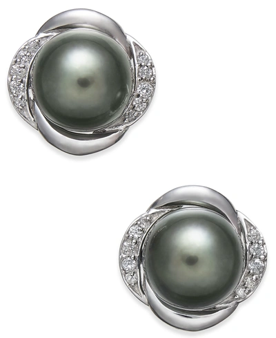 Macy's Cultured Tahitian Pearl (8mm) & Diamond (1/8 Ct. T.w.) Stud Earrings In 14k White Gold In White Gold