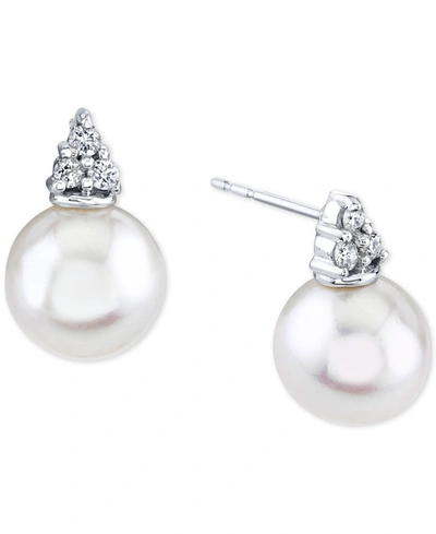 Macy's Cultured Freshwater Pearl (9mm) & Diamond (1/8 Ct. T.w.) Stud Earrings In 14k White Gold In White Gold