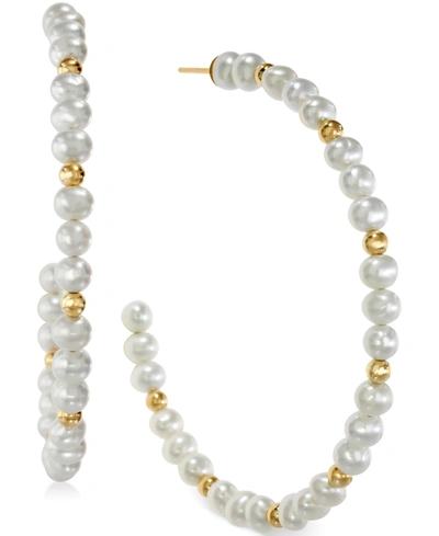 Shop Effy Collection Effy Cultured Freshwater Pearl Hoop Earrings In 14k Gold