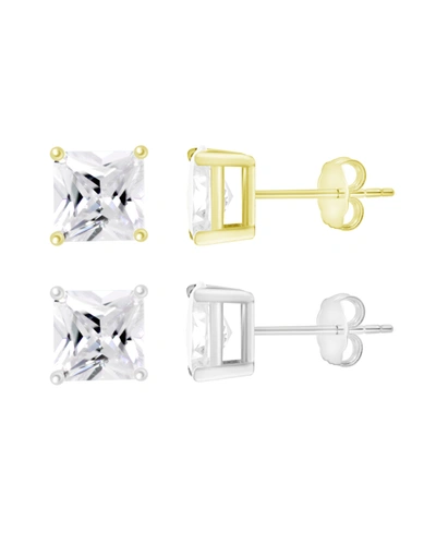 Shop Essentials Cubic Zirconia Duo Cushion Cut Stud Earring Set In Silver Two Tone Plated