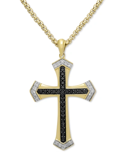 Shop Macy's Men's Black & White Diamond Cross 22" Pendant Necklace (1/2 Ct. T.w.) In 18k Gold-plated Sterling Si In Silver