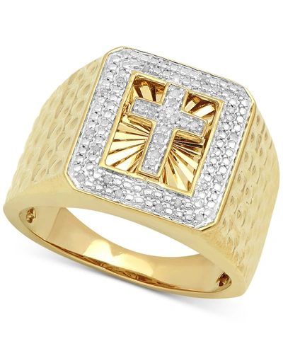 Shop Macy's Men's Diamond Cross Ring (1/10 Ct. T.w.) In 18k Gold-plated Sterling Silver In Gold Over Silver