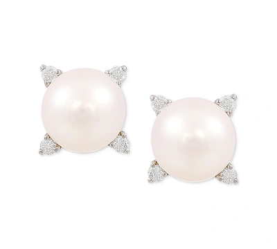 Shop Honora Cultured Freshwater Pearl (8mm) & Diamond (1/8 Ct. T.w.) Stud Earrings In 14k Gold In Yellow Gold