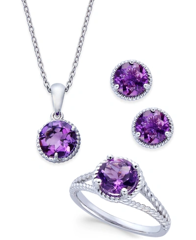 Macy's Amethyst Rope-style Pendant Necklace, Stud Earrings And Ring Set (4 Ct. T.w.) In Sterling Silver In Sterling Silver