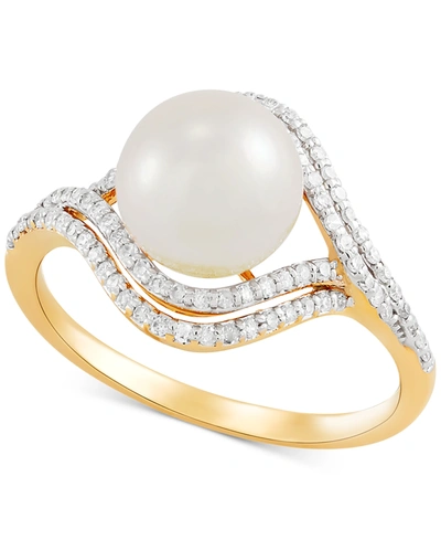 Shop Honora Cultured Freshwater Pearl (8mm) & Diamond (1/4 Ct. T.w.) Ring In 14k Gold In Yellow Gold