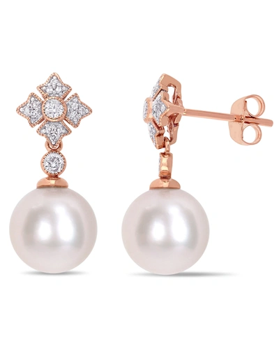 Shop Macy's Cultured Freshwater Pearl (9-1/2mm) & Diamond (1/5 Ct. T.w.) Drop Earrings In 10k Rose Gold