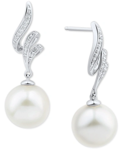Shop Honora White Ming Pearl (11mm) & Diamond (1/20 Ct. T.w.) Swirl Drop Earrings In 14k White Gold