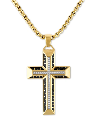 Shop Esquire Men's Jewelry Diamond Cross 22" Pendant Necklace In Gold Tone Ion-plated Stainless Steel & Black Carbon Fiber, Cre In Gold-tone