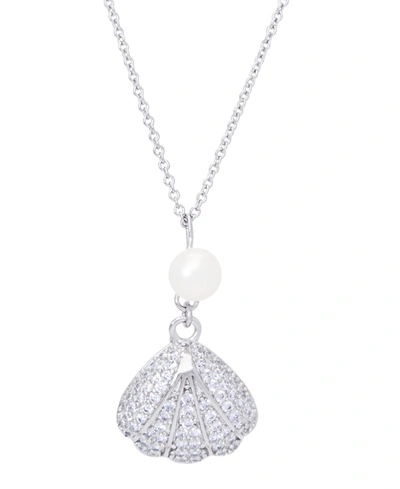 Macy's Genuine Freshwater Pearl Cubic Zirconia Seashell Pendant 18" Necklace In Silver Plate In Silver