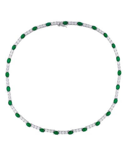 Macy's Simulated Emerald/cubic Zirconia Oval Necklace In Silver Plate In Silver