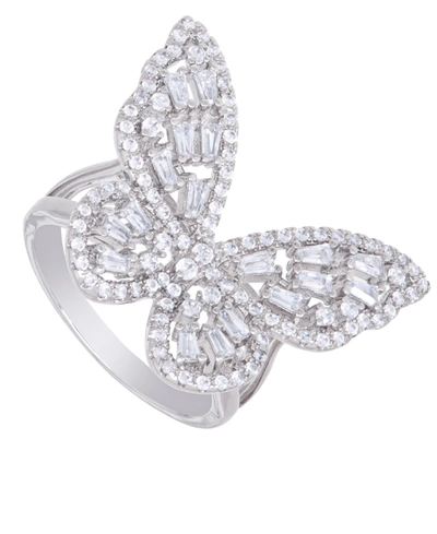 Macy's Cubic Zirconia Baguette And Round Stone Butterfly Ring In Silver Plate In Silver