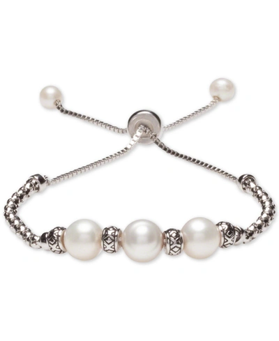 Shop Macy's Cultured Freshwater Pearl (8mm & 4mm) Bolo Bracelet In Sterling Silver