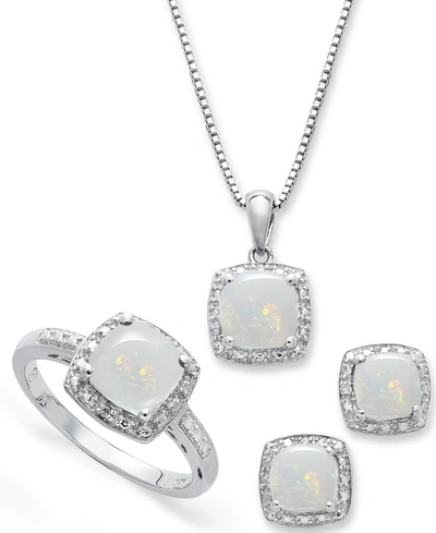 Macy's Sterling Silver Jewelry Set, Opal (4-3/4 Ct. T.w.) And Diamond Accent Necklace, Earrings And Ring Se In Opal