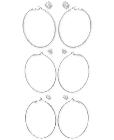 Shop Guess Silver-tone 6-pc. Set Mixed Crystal Stud & Textured Hoop Earrings