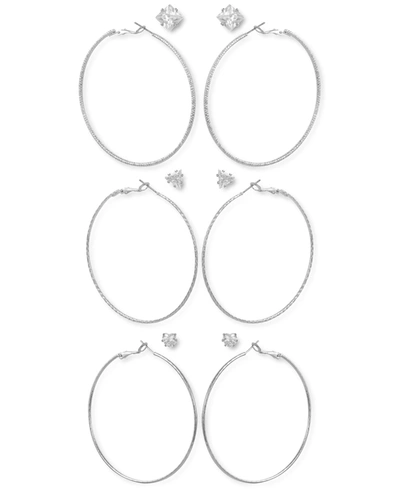 Guess Silver-tone 6-pc. Set Mixed Crystal Stud & Textured Hoop Earrings In Silver
