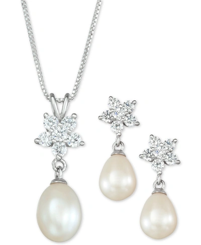 Macy's Cultured Freshwater Pearl (7 X 9mm) & Cubic Zirconia Pendant Necklace & Drop Earrings Set In Sterlin In Silver