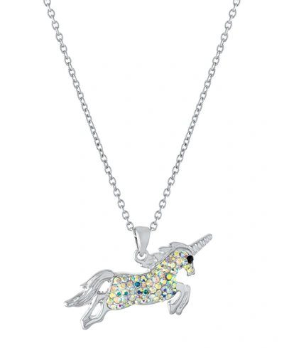 Macy's Crystal Unicorn Pendant 16+2" Extender Chain In Silver Plated In Silver