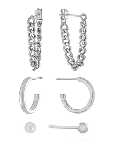 Macy's 3pc Post Ball, Hoop And Chain Earring Set In Gold Or Silver Plated In Silver