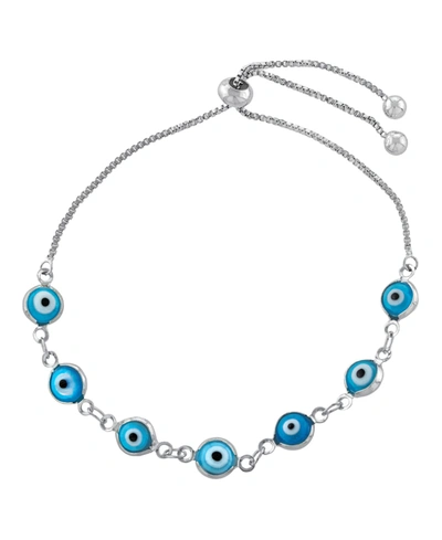 Macy's Women's Aqua Glass Guardian Eye Adjustable Bracelet In Silver