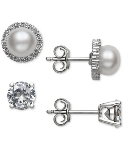 Shop Belle De Mer 2-pc. Set Cultured Freshwater Pearl (6mm) & Cubic Zirconia Stud Earrings In Sterling Silver, Created