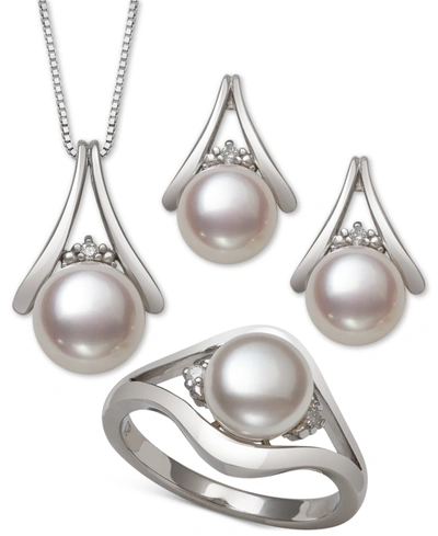 Shop Belle De Mer 3-pc. Set Cultured Freshwater Pearl (7 & 8mm) Pendant Necklace, Stud Earrings & Ring In Sterling Sil In Silver