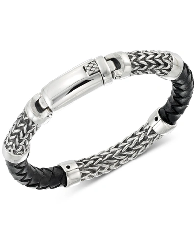 Shop Legacy For Men By Simone I. Smith Black Leather Bracelet In Stainless Steel