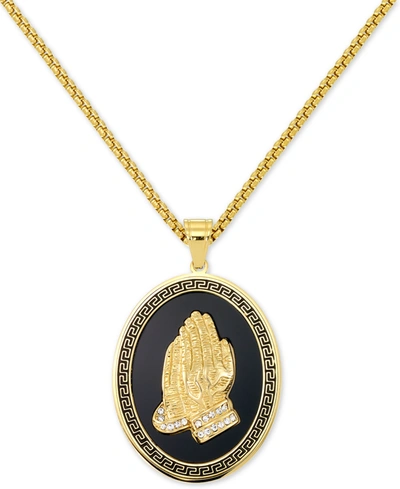 Shop Legacy For Men By Simone I. Smith Men's Praying Hands 24" Pendant Necklace In Black Enamel & Yellow Ion-plated Stainless Steel In Gold Tone