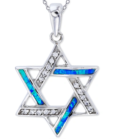 Macy's Lab-created Blue Opal & Cubic Zirconia Star Of David 18" Pendant Necklace In Sterling Silver In Created Blue Opal