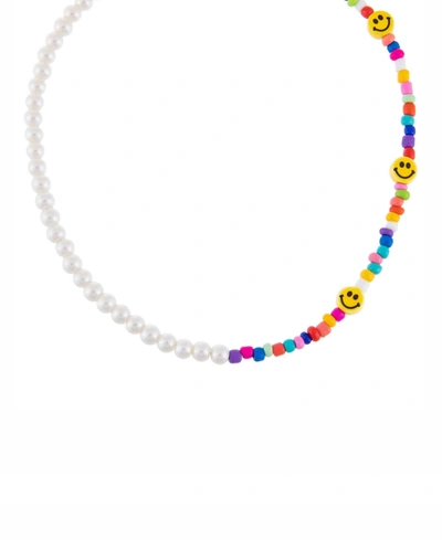 Shop Adinas Jewels Smiley Face X Pearl Necklace In Silver Tone Mixed Metal In Multi