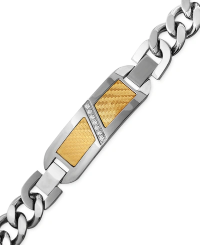 Shop Macy's Men's Diamond (1/10 Ct. T.w.) Decorative Plate Heavy Link Bracelet In Stainless Steel With 18k Gold  In Two Tone