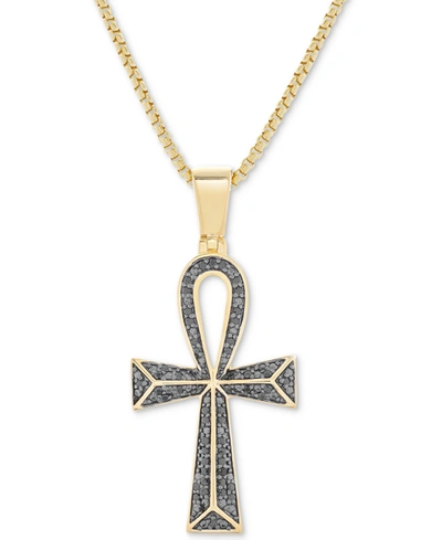 Shop Macy's Men's Diamond Ankh Cross 22" Pendant Necklace (1/4 Ct. T.w.) In 14k Gold-plated Sterling Silver And  In Black/gold Over Silver