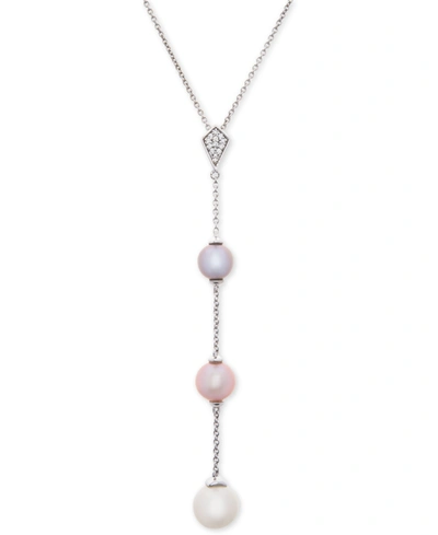 Macy's Cultured Freshwater Pearl (6, 7 & 8mm) & Diamond Accent 17" Lariat Necklace In Sterling Silver In Silver