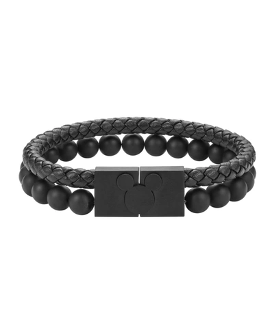 Shop Disney Mickey Mouse Black Bead And Leather Clasp Bracelet In Silver