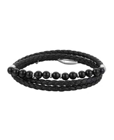 Shop He Rocks Stainless Steel Black Bead And Leather Wrap Bracelet In Silver