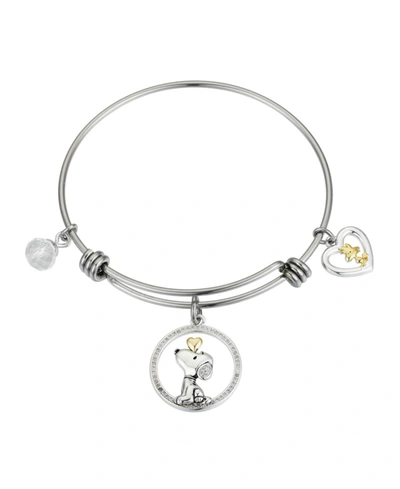 Shop Peanuts Stainless Steel And Gold Flash-plated Cubic Zirconia Snoopy And Woodstock Adjustable Bangle Bracelet