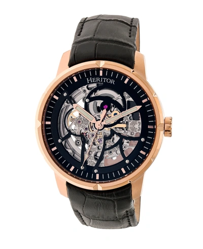 Shop Heritor Automatic Ryder Black & Rose Gold & Black Leather Watches 44mm