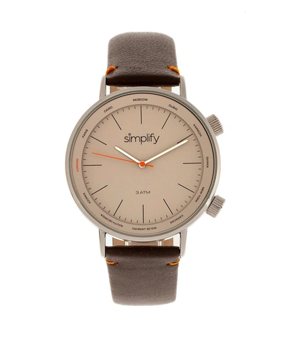Shop Simplify Quartz The 3300 Grey Case, Genuine Dark Brown Leather Watch 43mm